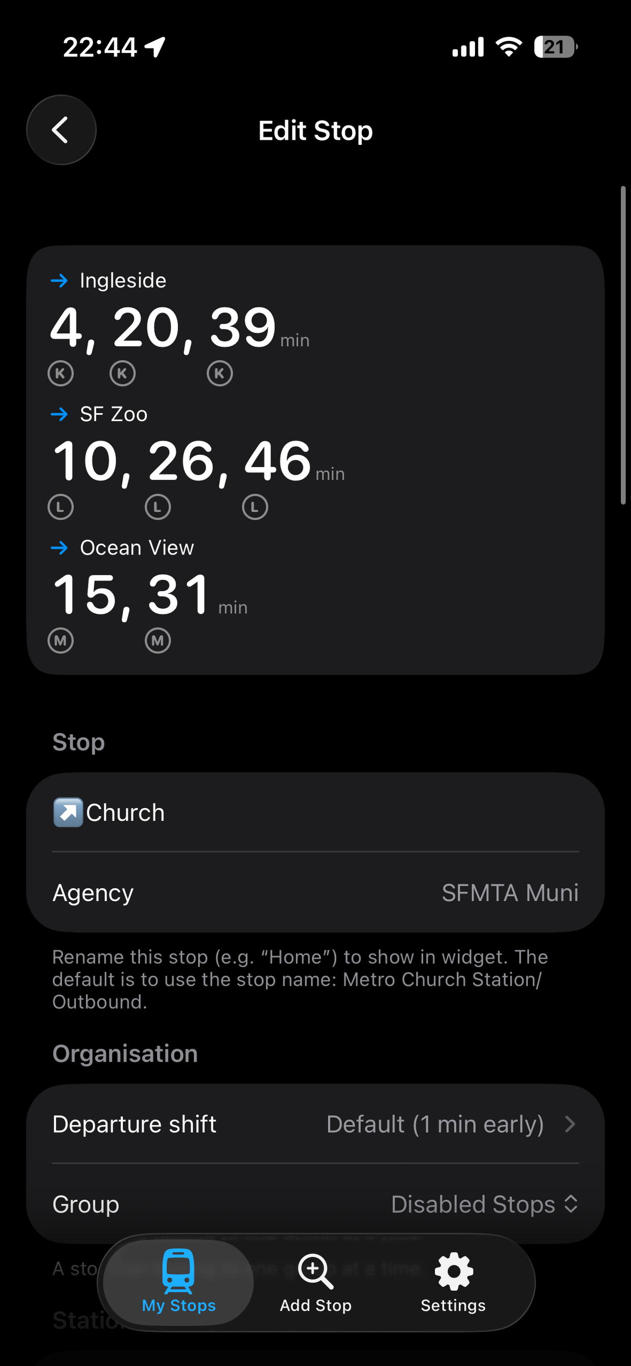 The edit screen for a stop, previewing its departures above a rename field.