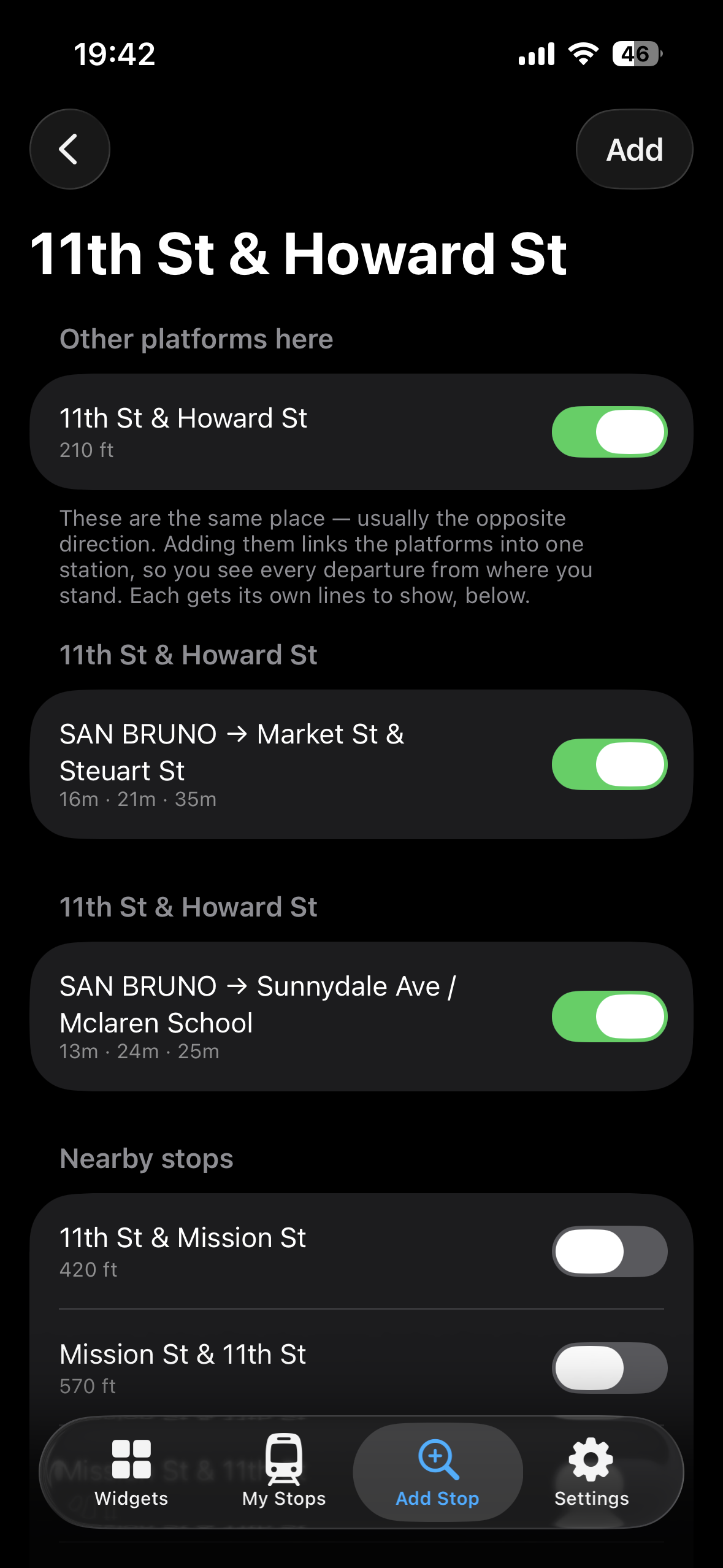 The add-a-stop screen, showing nearby stops and platforms to switch on.