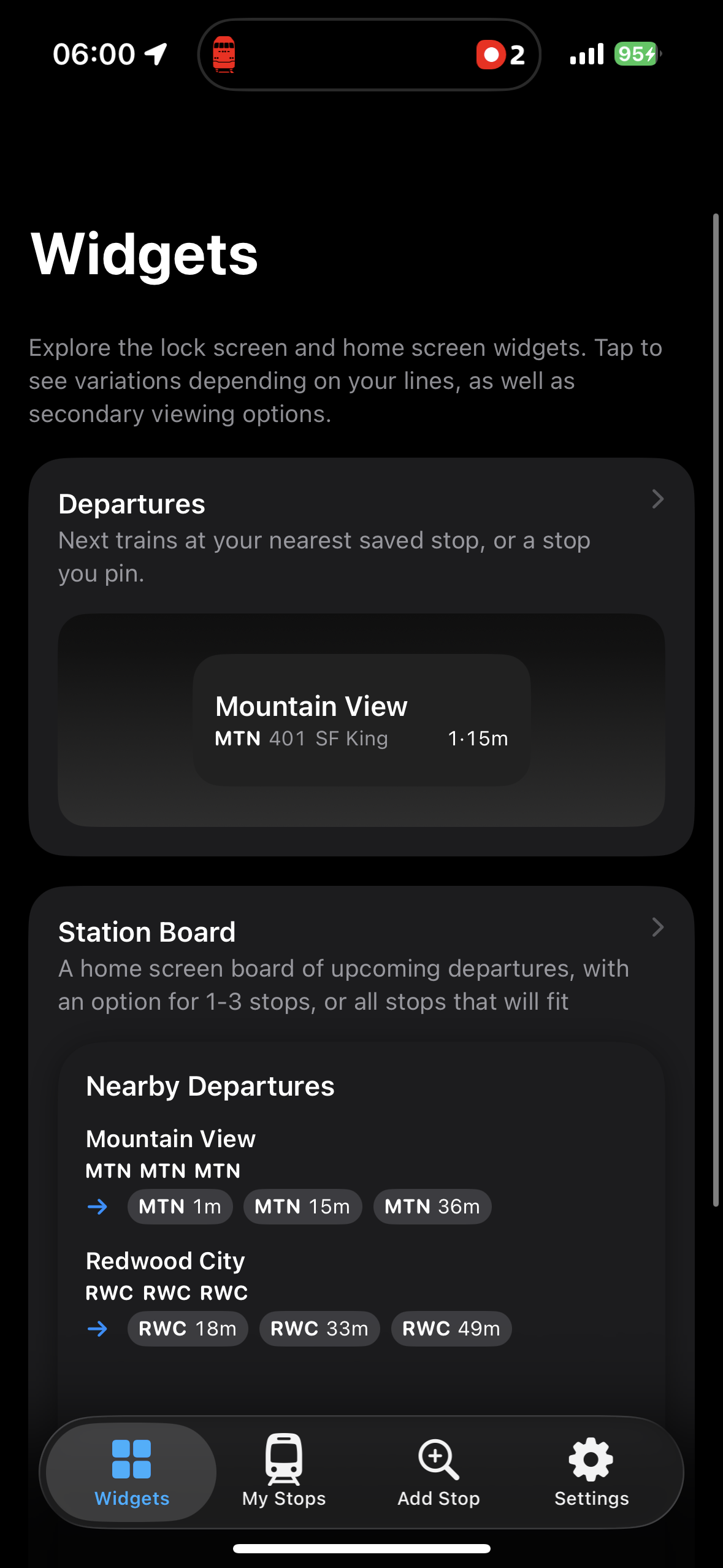 The widget gallery, previewing every widget the app offers.