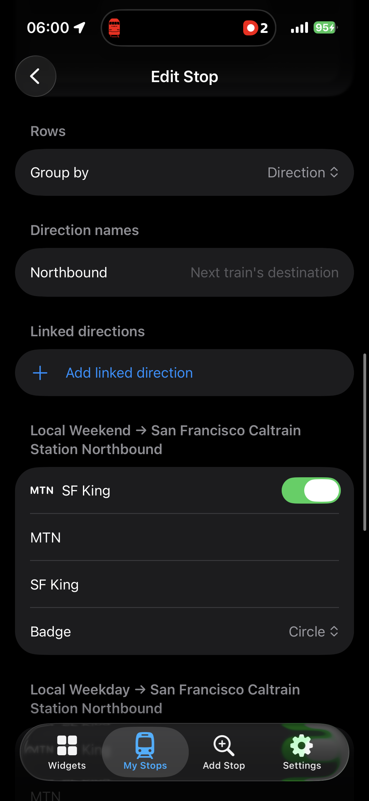 Row settings for a stop, grouping departures by direction.