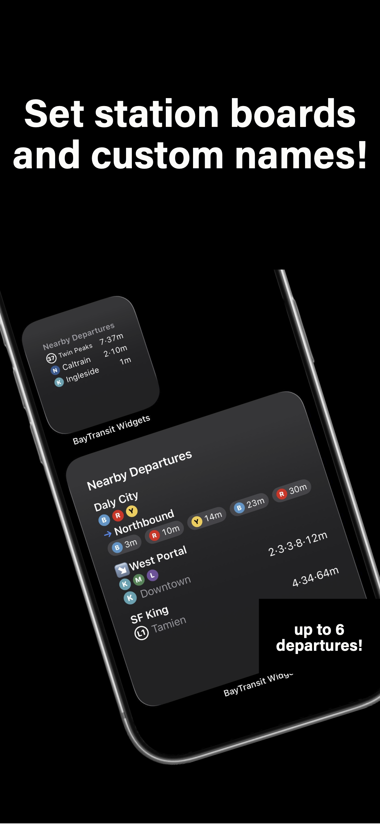 A home screen station board listing several stops and their departure times.