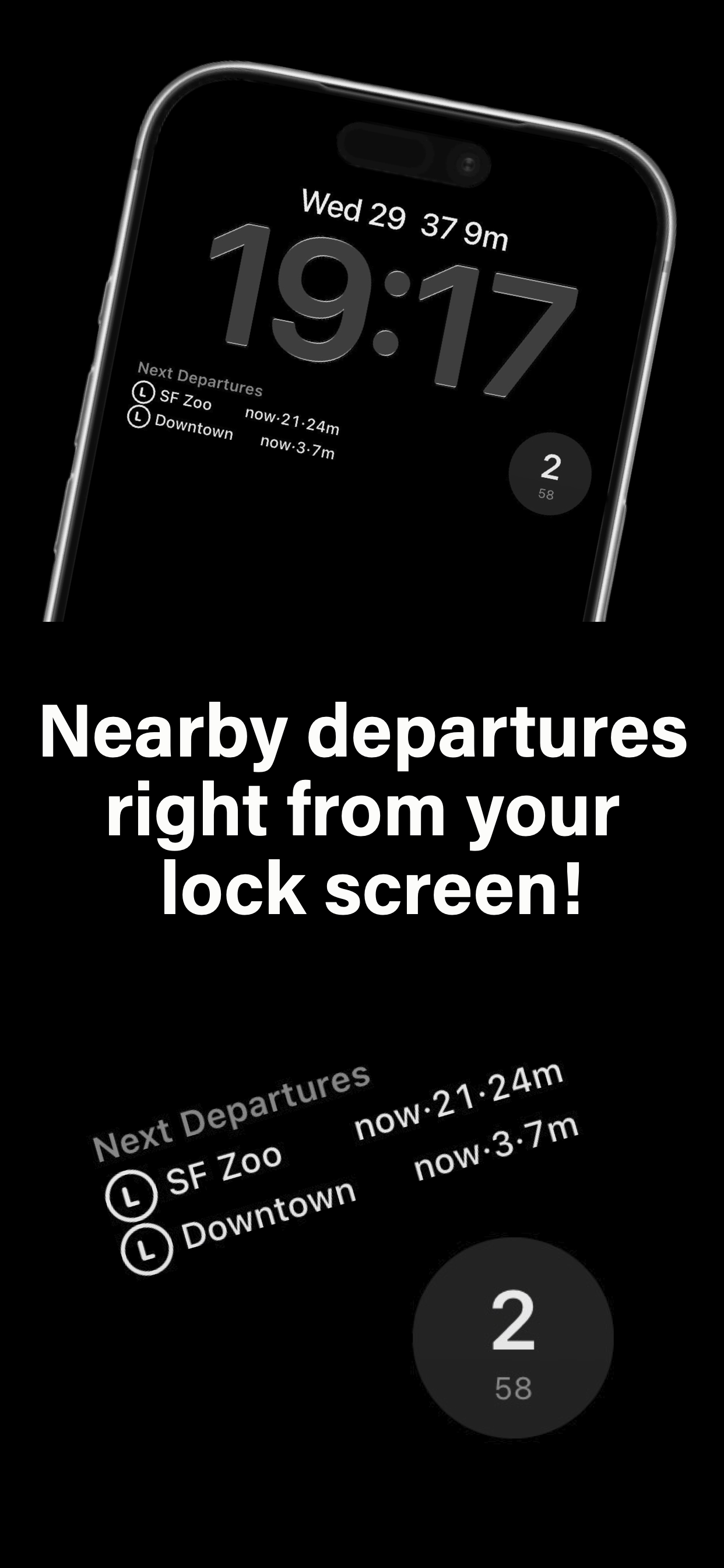 An iPhone lock screen showing BART and Muni departure countdowns in a widget.